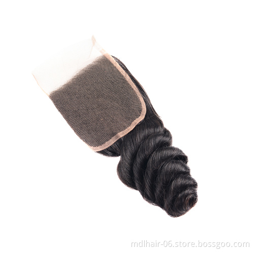 Wholesale Brazilian Loose Wave 4x4 Lace Closure Remy Human Hair Free Middle Part Natural Color Pre Plucked Swiss Lace Closure